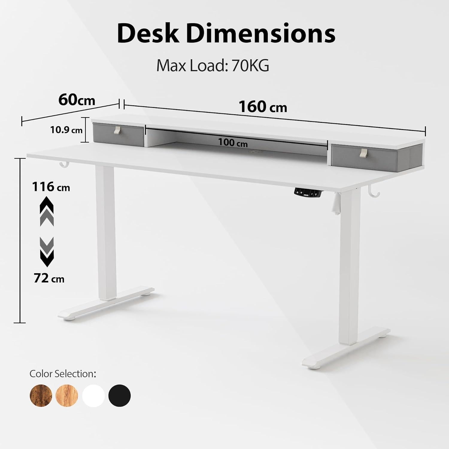 Höhenverstellbarer Schreibtisch 160x60 cm mit 2 Schubladen