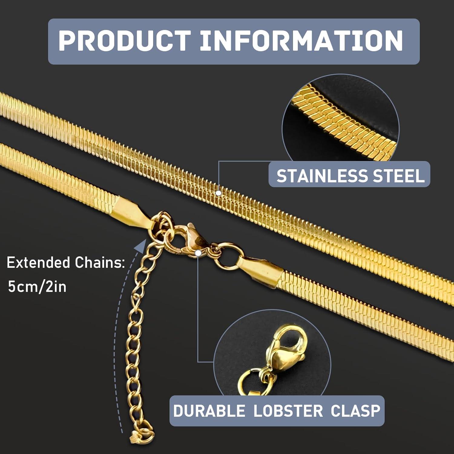 LOCCY Vergoldet Damen Schlangenkette Halskette, Edelstahl Flache Schlangen Kette Fischgrätenkette Gold 51cm