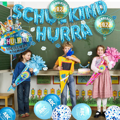 Einschulung Deko Set Junge Luftballon Folienballon 2024 Konfetti HURRA SCHULKIND