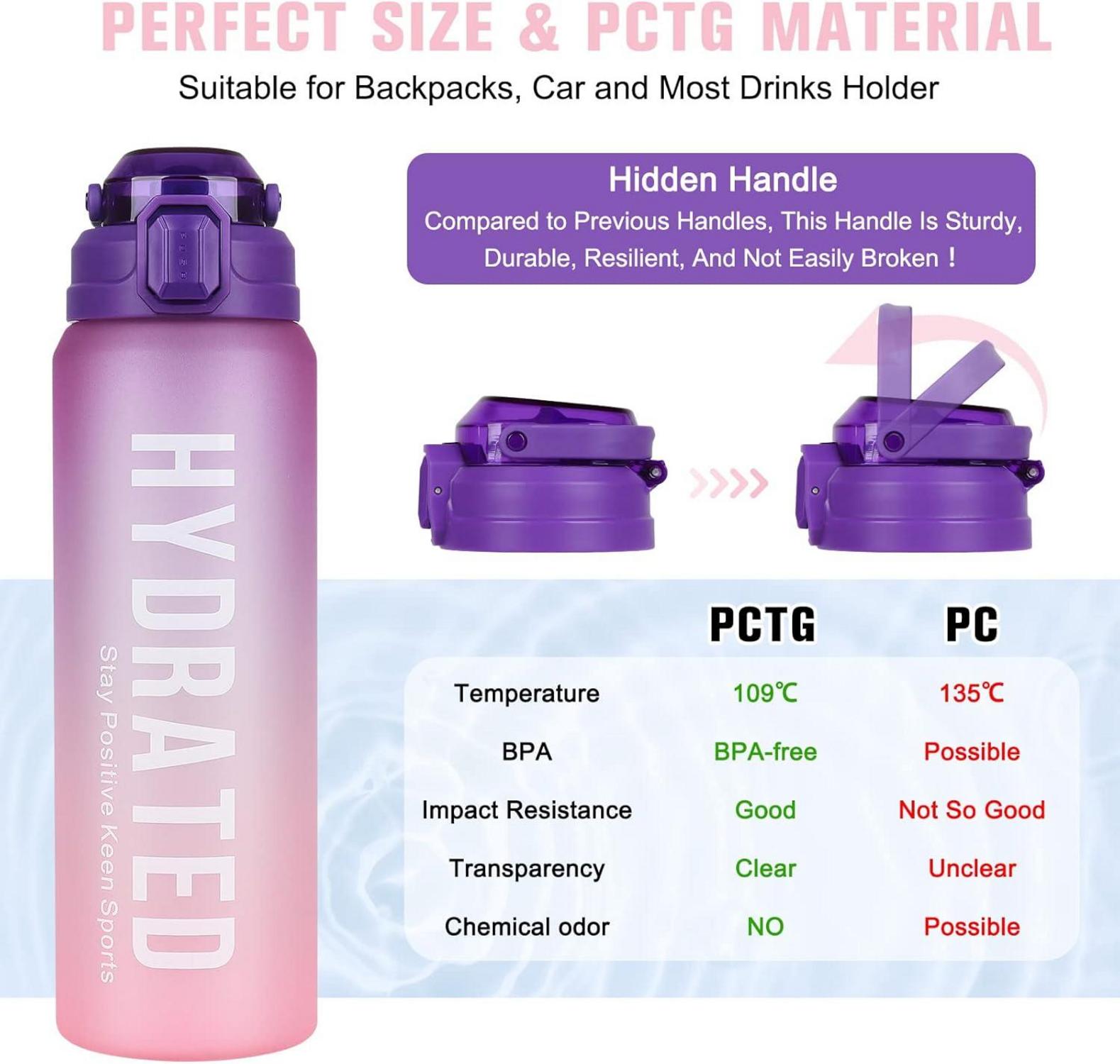 AOPREL Trinkflasche 1l mit Strohhalm und Zeitmarkierung, BPA-frei, lila/rosa