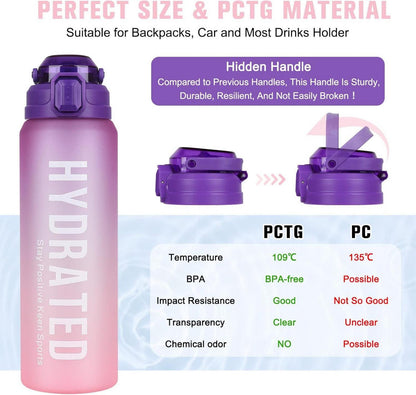 AOPREL Trinkflasche 1l mit Strohhalm und Zeitmarkierung, BPA-frei, lila/rosa