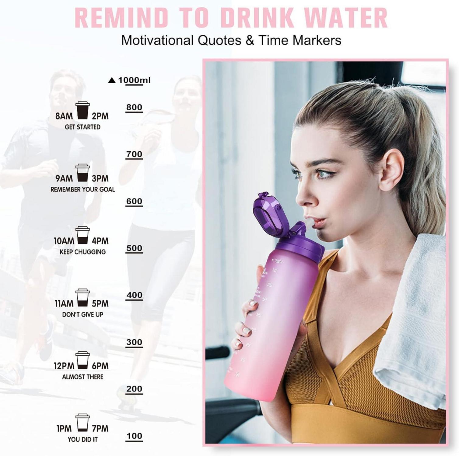AOPREL Trinkflasche 1l mit Straw BPA-Free Leakproof Sports Bottle Time Marker