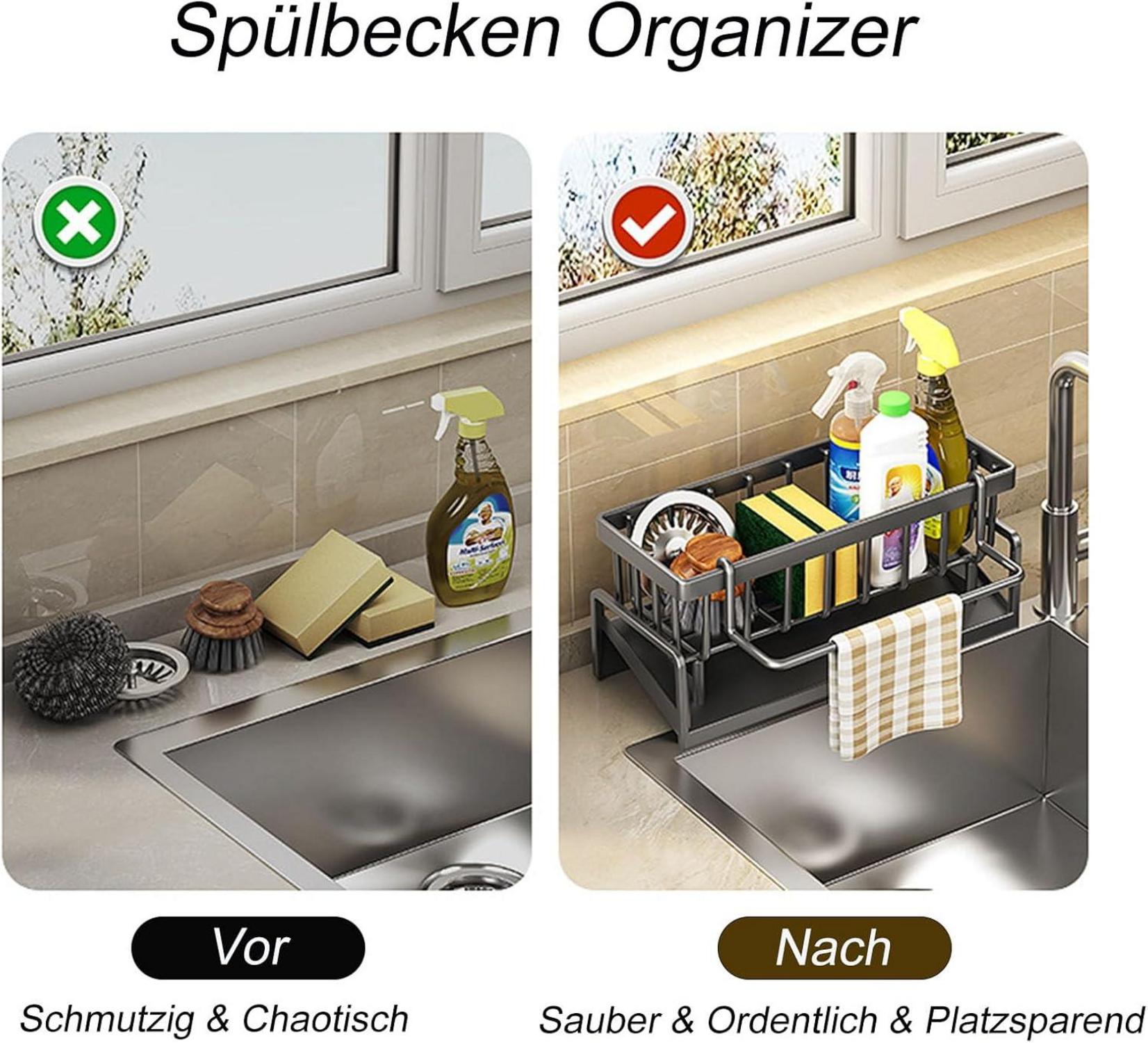 ViWaVee Spülbecken Organizer Edelstahl mit Ablaufwanne Schwarz