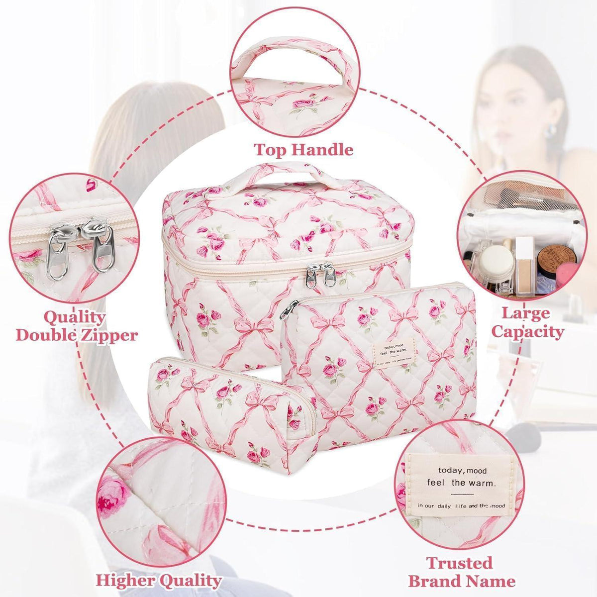 3er Kosmetiktaschen Set Damen Blumen Muster Gesteppt