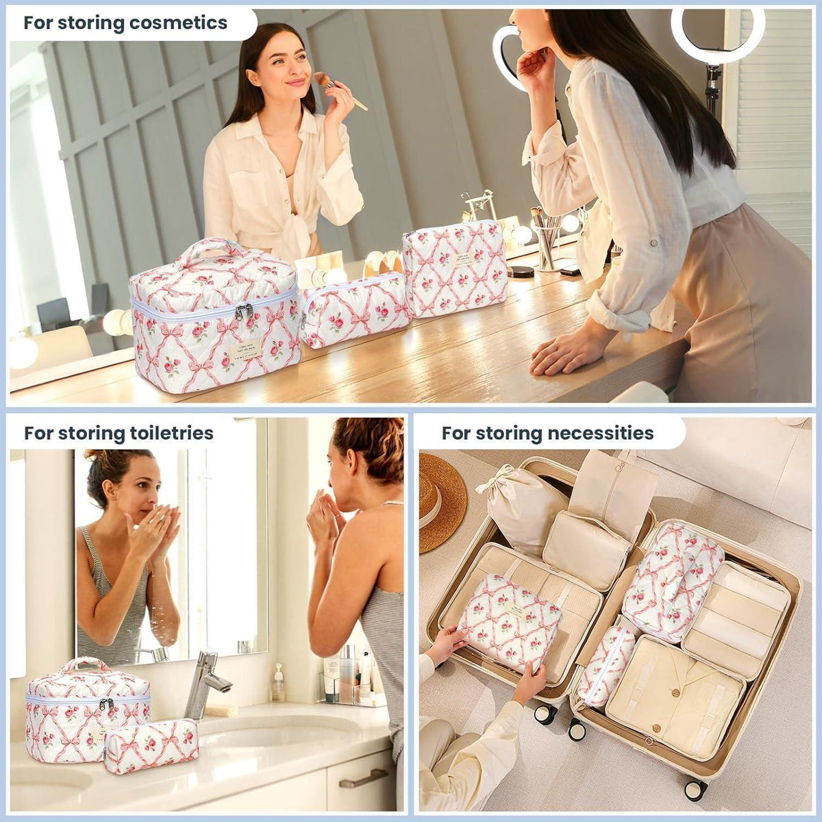3er Kosmetiktaschen Set Damen Blumen Muster Gesteppt