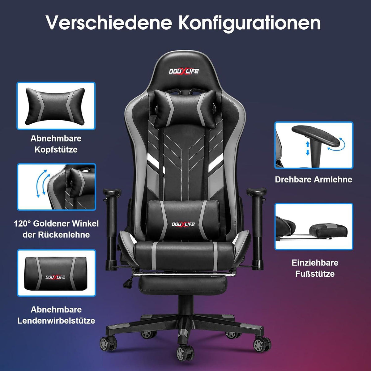 Douxlife Gaming Stuhl mit 7-Punkt Massage Fußstütze 180KG ergonomisch Rückenlehne einstellbar Grau