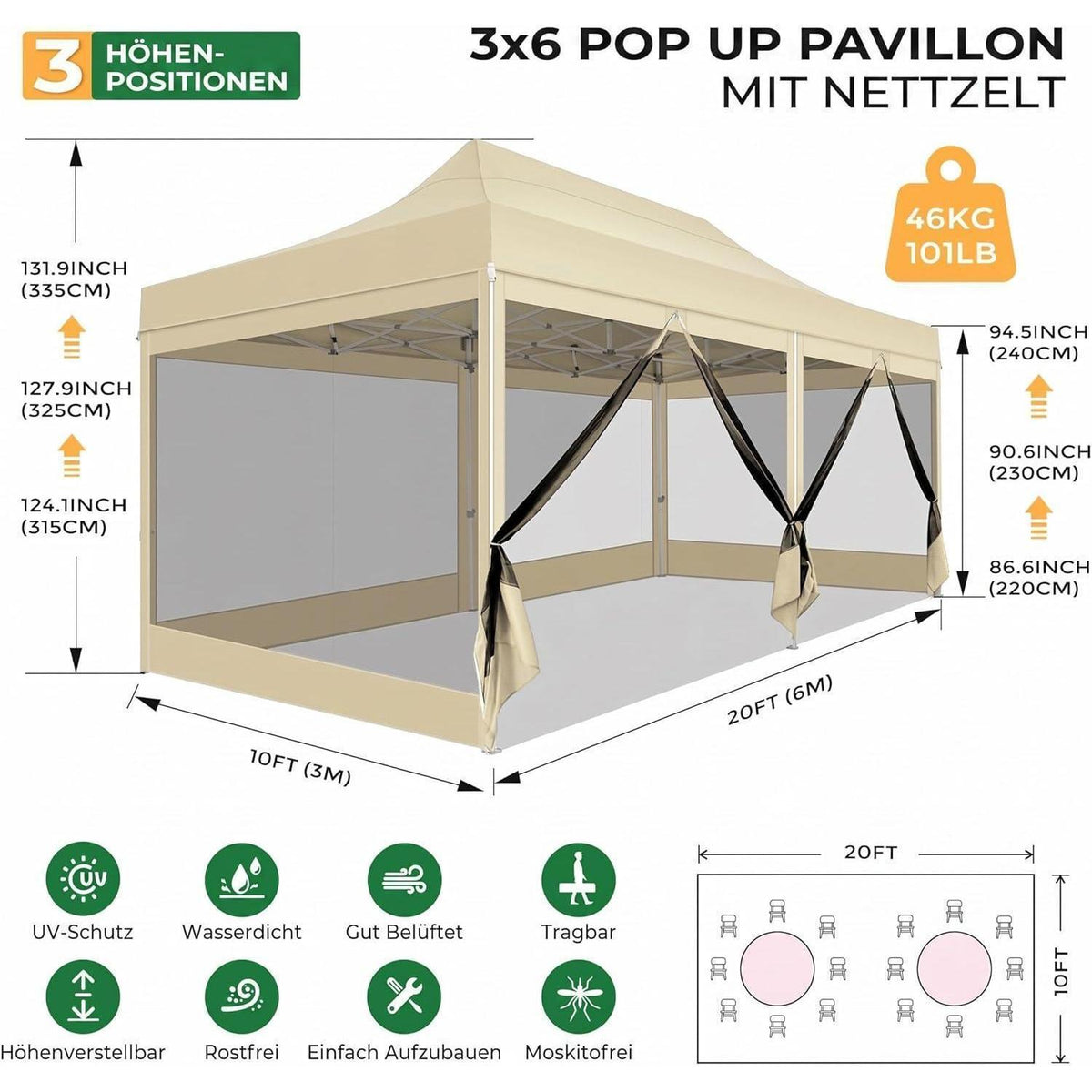 Faltpavillon 3x6m – Wasserdicht, Stabil & Vielseitig für Draußen