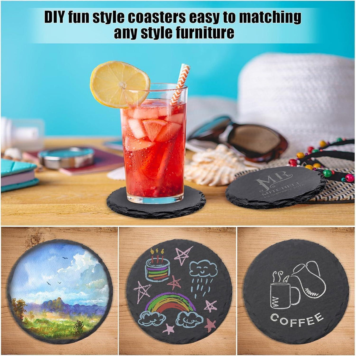 60er Set Schiefer Untersetzer 10,2 cm rund mit Kratzschutz