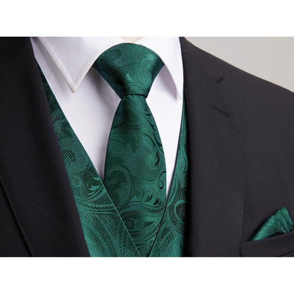Herren Weste Krawatte Einstecktuch Set Jacquard Grün 3XL