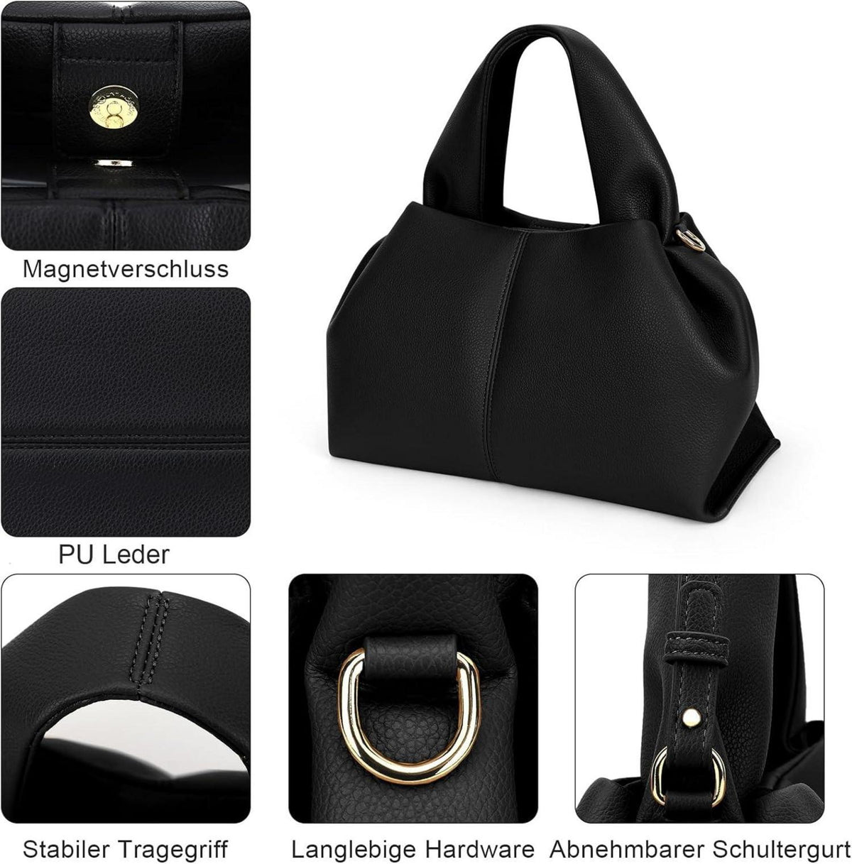 Damen Handtasche Schultertasche PU Leder Vintage Beuteltasche Schwarz