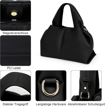 Damen Handtasche Schultertasche PU Leder Vintage Beuteltasche Schwarz