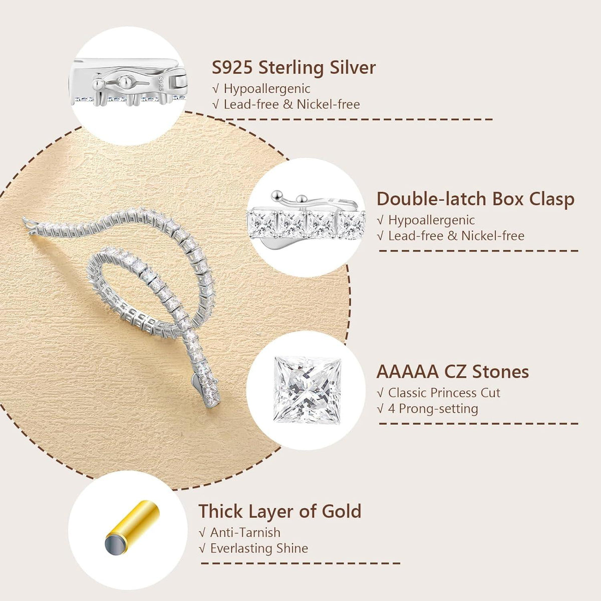 Tennisarmband Silber 925, Damen 3mm Zirkonia Prinzessschliff Weißgold 14K, Iced Out Armband 16.5cm