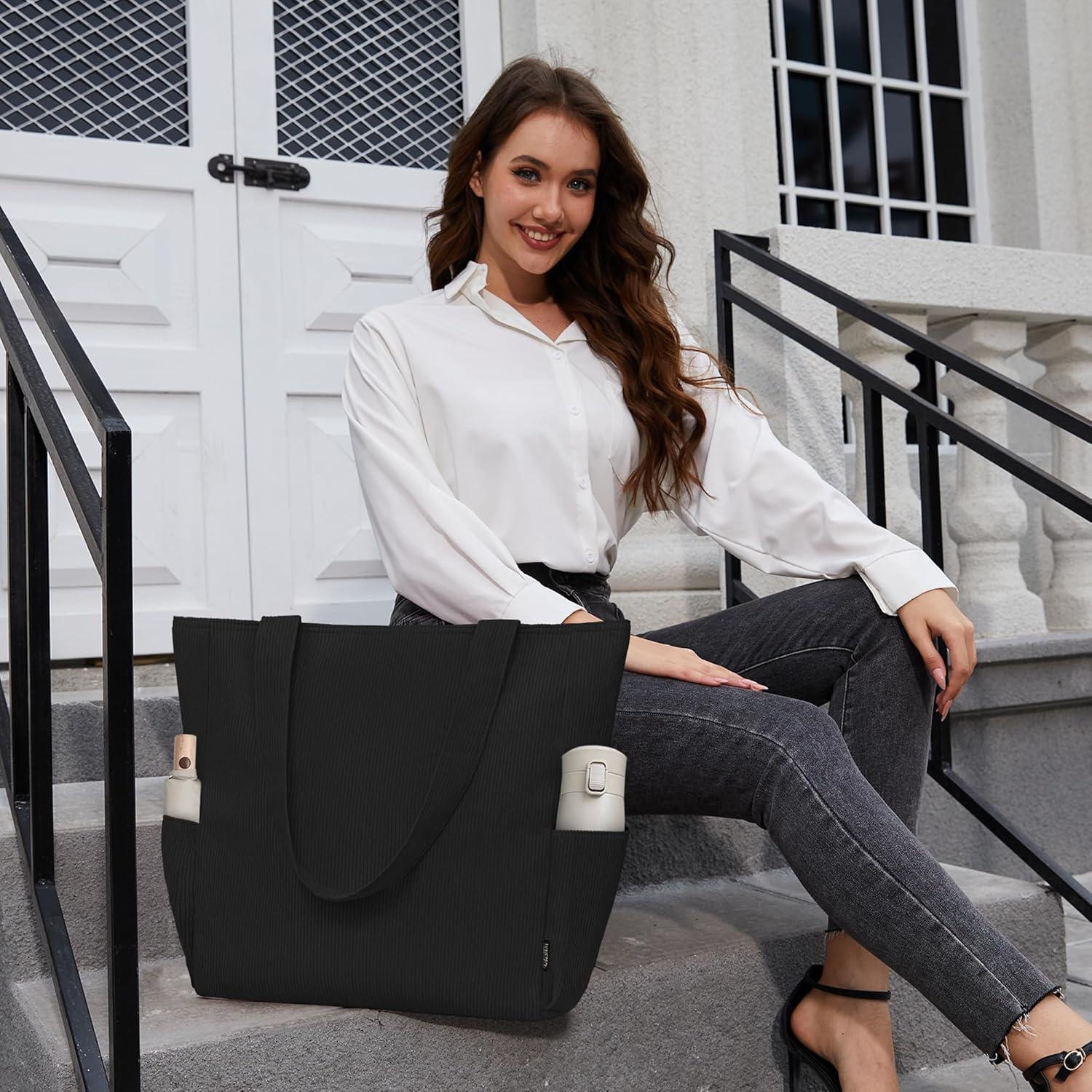 Cordury Tote Bag Große Umhängetasche mit Reißverschluss und Taschen