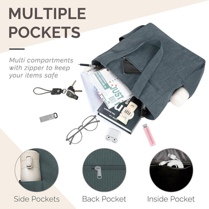Große Cordury Tote Bag mit Reißverschluss und Taschen für