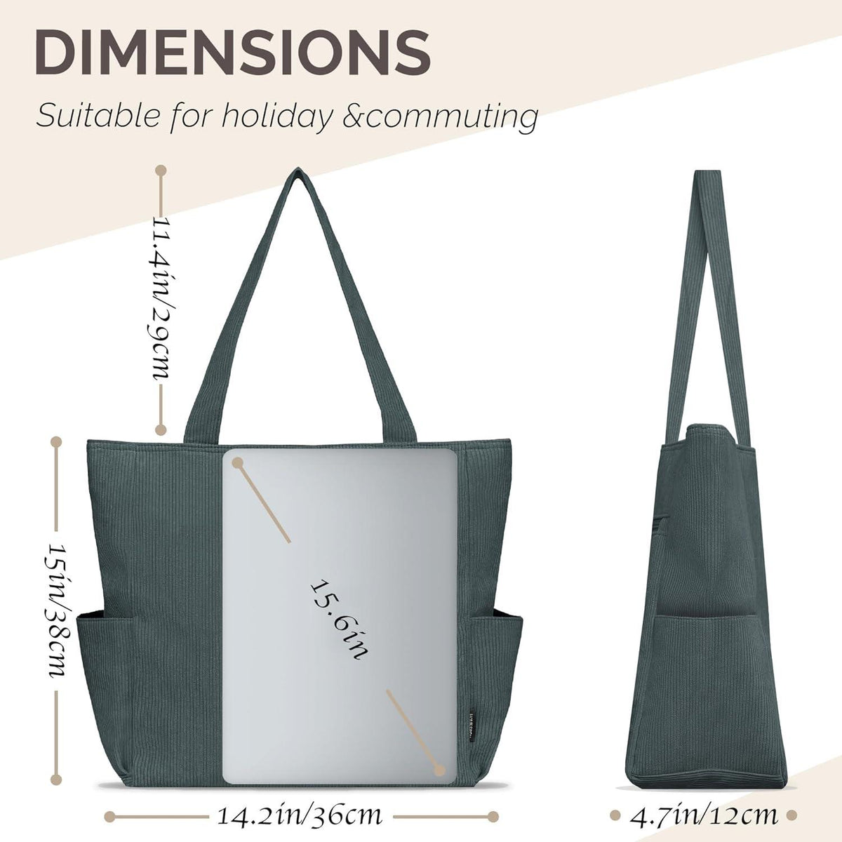 Cordury Tote Bag mit Reißverschluss und Taschen - Groß, Grau