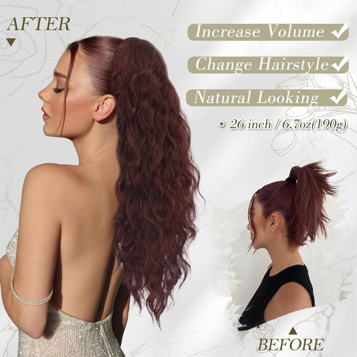 BARSDAR Pferdeschwanz Haarteil Kupfer Rot 66cm Lang Lockige Wellige Zopf Extensions Synthetik Clip Ponytail Extension