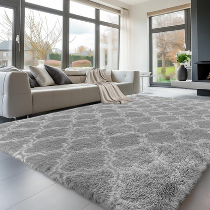 Hochflor Teppich Grau 240x300 – Flauschiger Wohnzimmerteppich Waschbar