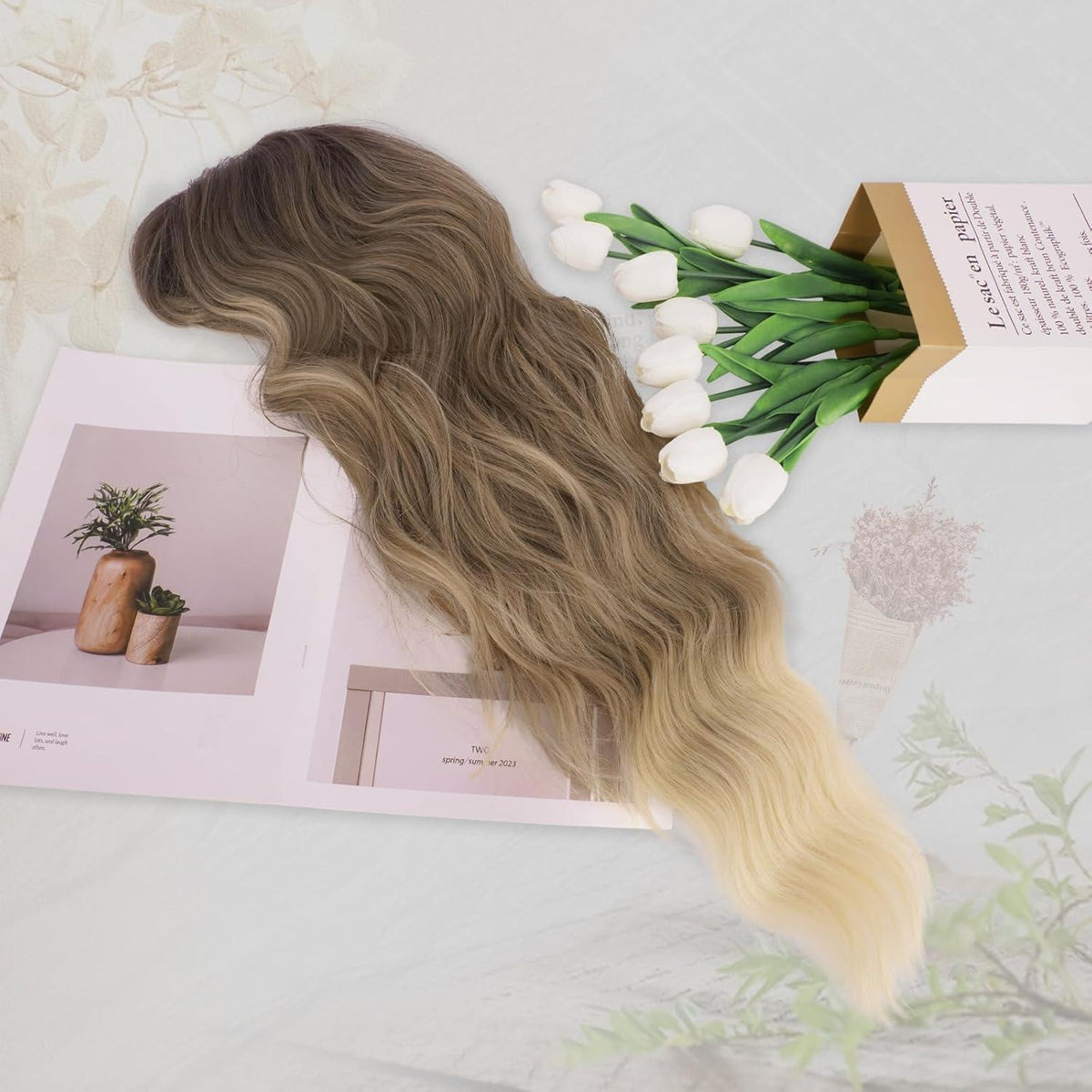 Lange Ombre Perücke mit Pony – Gewellt, Blond-Braun Mix