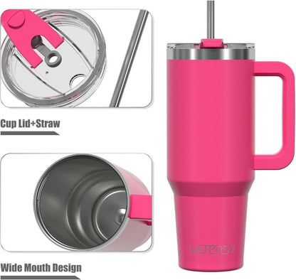 Doppelwandiger Thermobecher 40oz Dunkelrosa mit Griff und Strohhalm