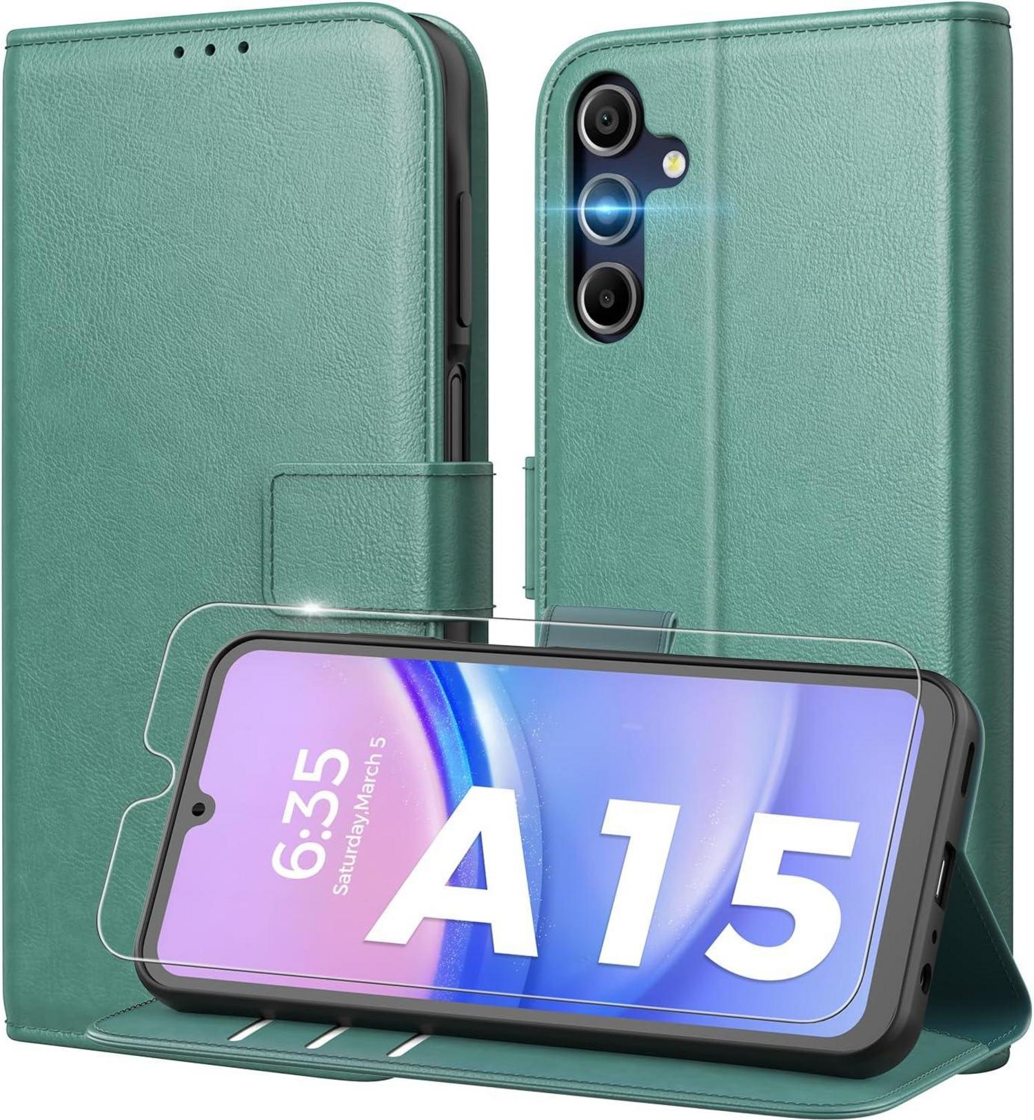 Handyhülle Samsung Galaxy A15 5G PU Leder Klapphülle RFID Grün