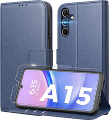 Handyhülle Samsung Galaxy A15 5G PU Leder RFID Panzer Glas Blau