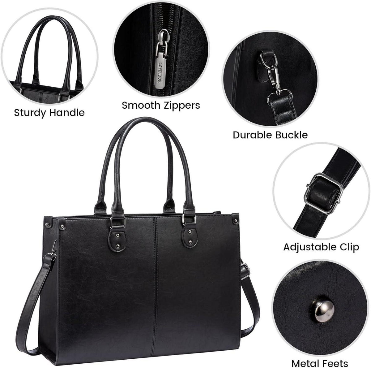 LOVEVOOK Laptoptasche 15.6 Zoll Schwarz PU Leder Handtasche Umhängetasche