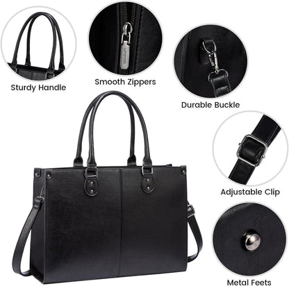 LOVEVOOK Laptoptasche 15.6 Zoll Schwarz PU Leder Handtasche Umhängetasche