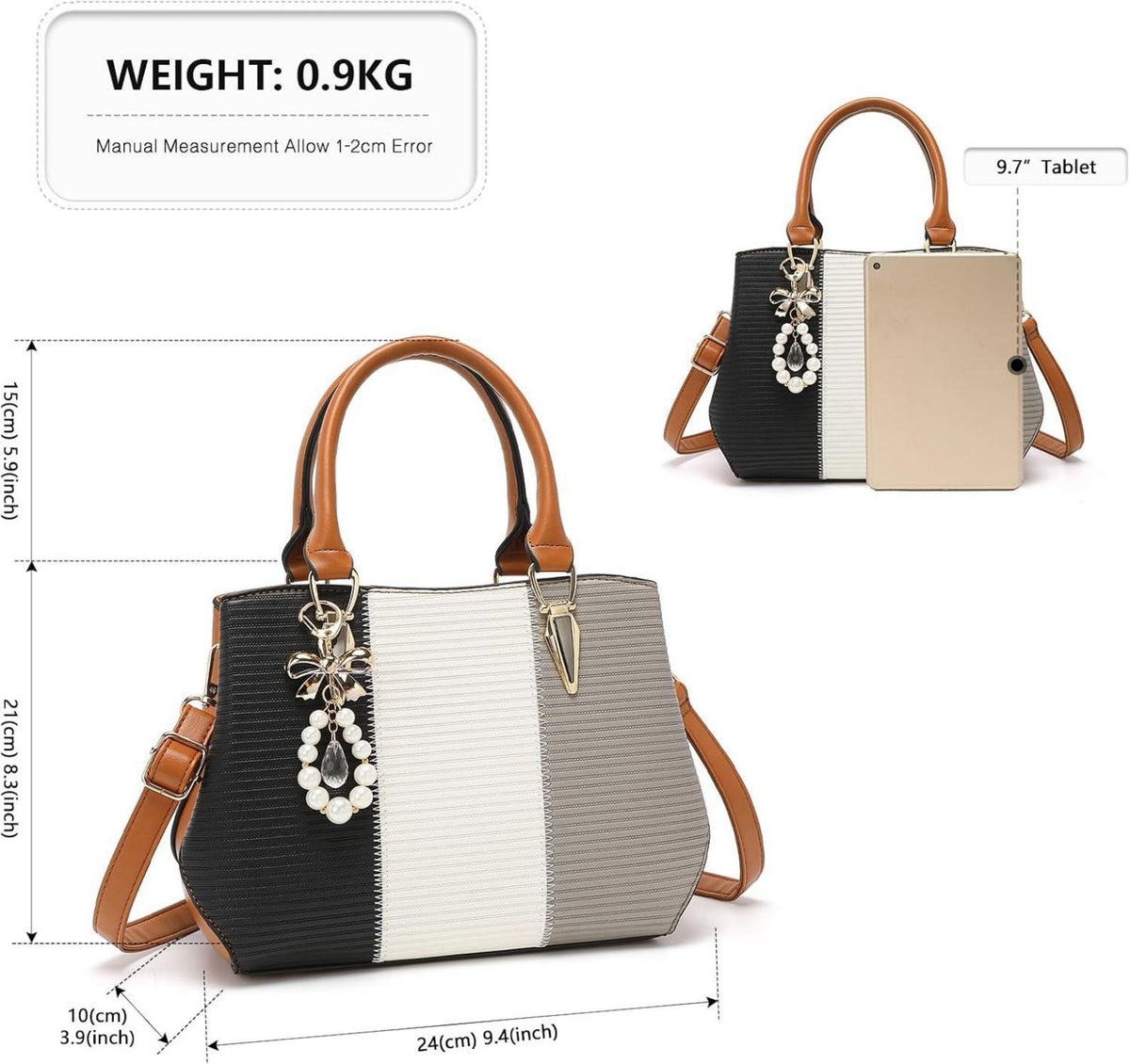 Damen Handtasche Mittelgroß Farbblock Schultertasche PU-Leder Schwarz