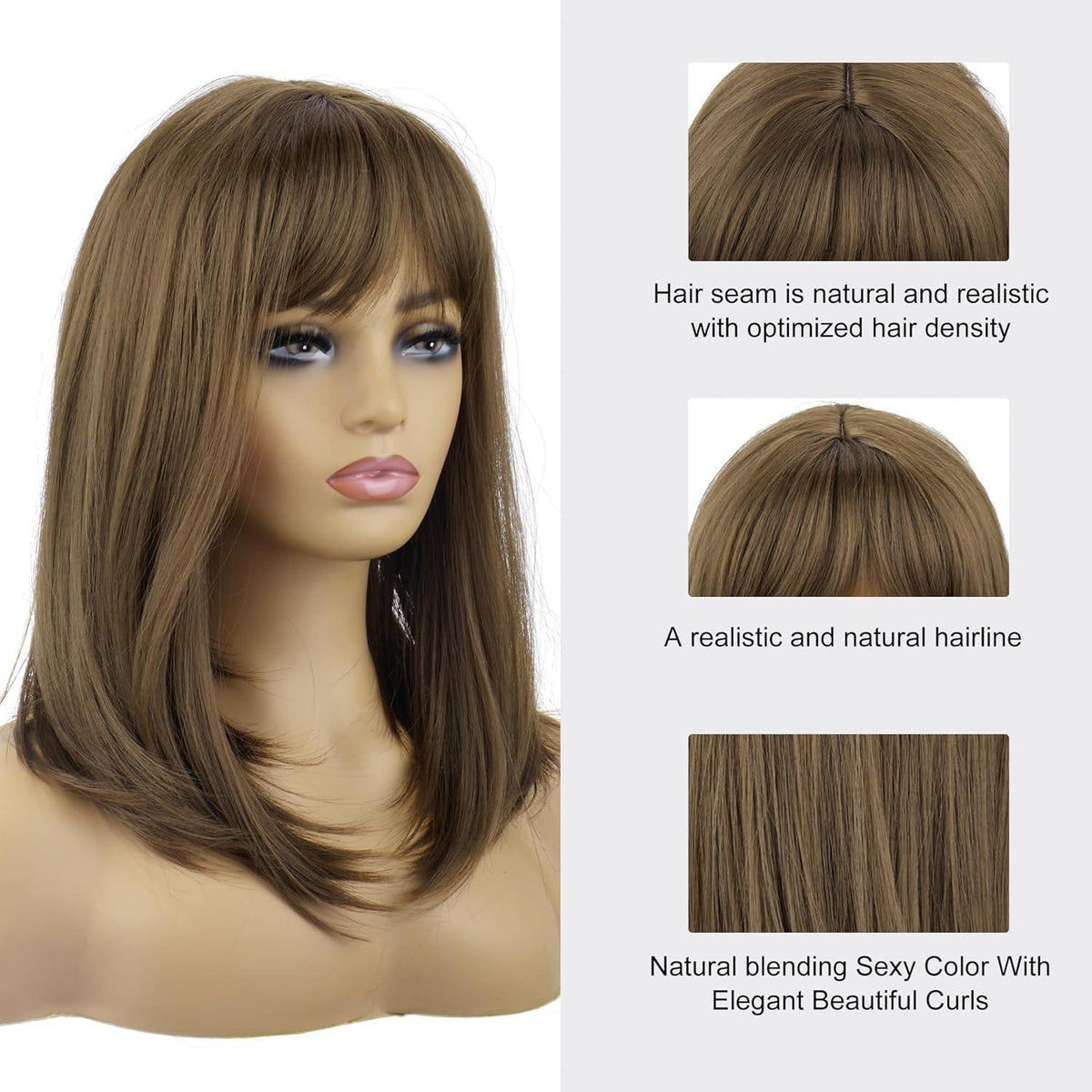 Mittelbraune Bob Perücke mit Pony – 40cm, natürlich & bequem
