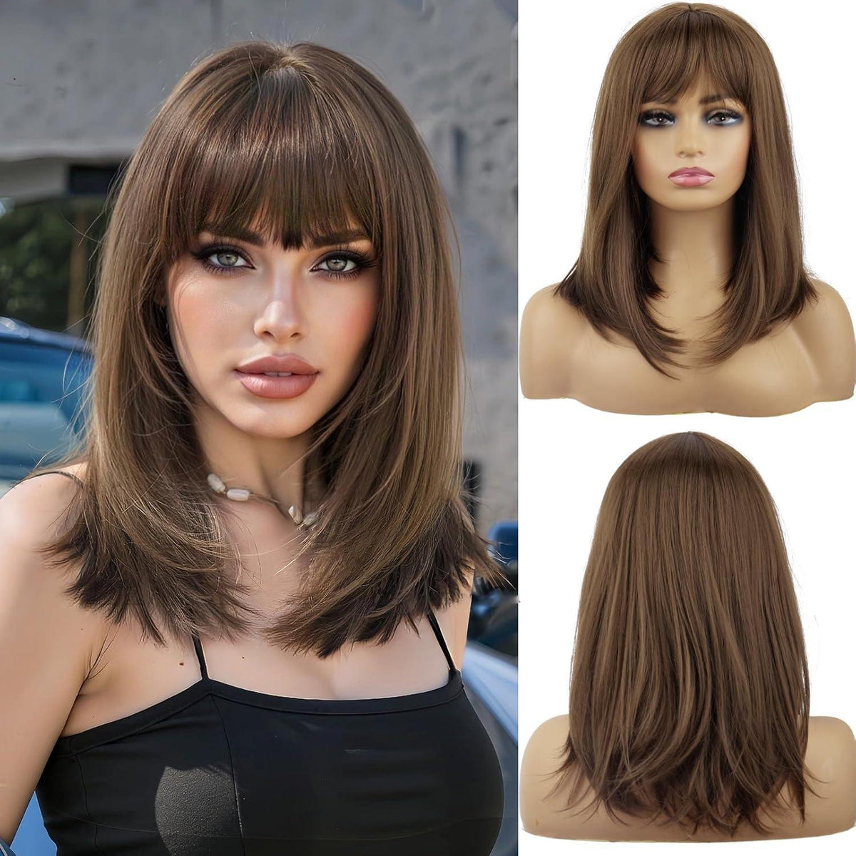 Mittelbraune Bob Perücke mit Pony – 40cm, natürlich & bequem