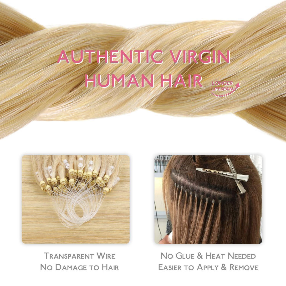 Echthaar Microring Extensions Hellblond Highlights 55cm