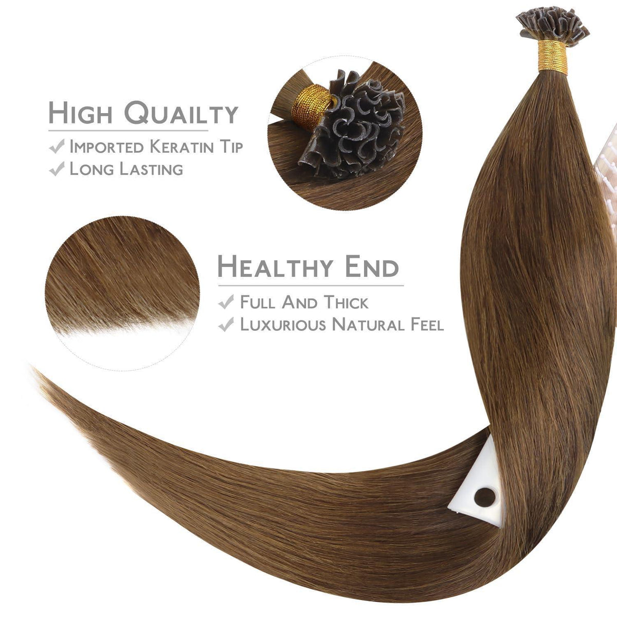 Echthaar Extensions U-Tip, 45cm, Helles Auburn Braun