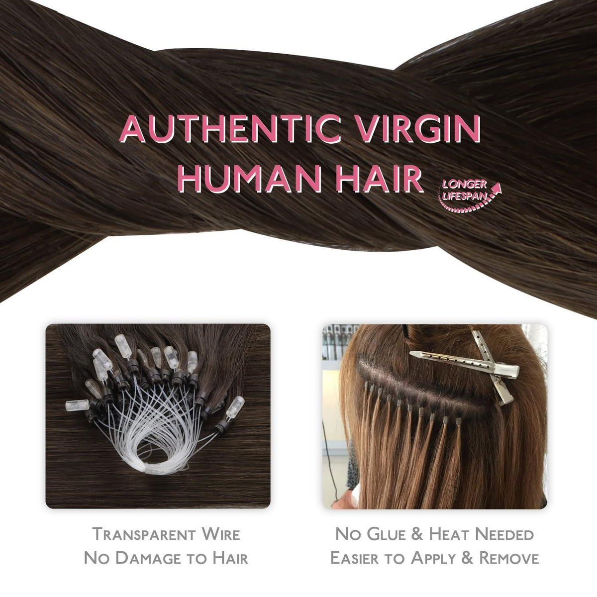 Remy Echthaar Microring Extensions Dunkelbraun 55cm