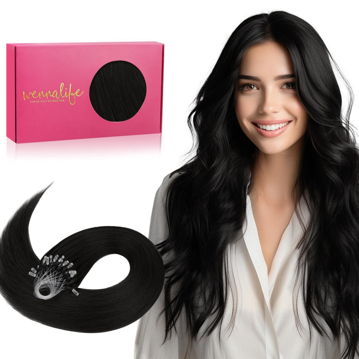Echthaar Microring Extensions Schwarz 50cm