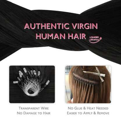 Echthaar Microring Extensions Schwarz 60cm