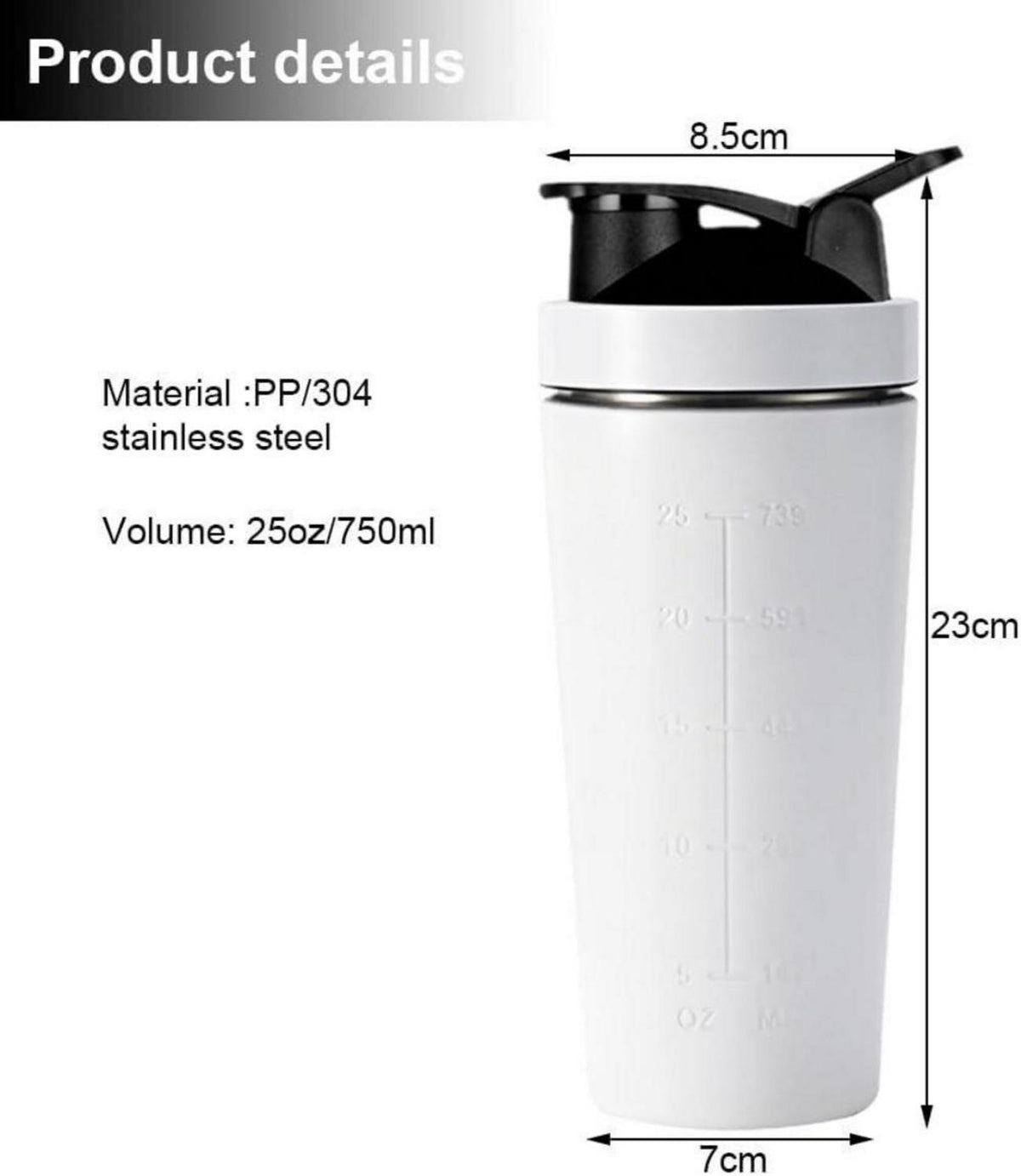 Protein Shaker Edelstahl 750ML Weiß mit Mischball BPA-frei Auslaufsicher