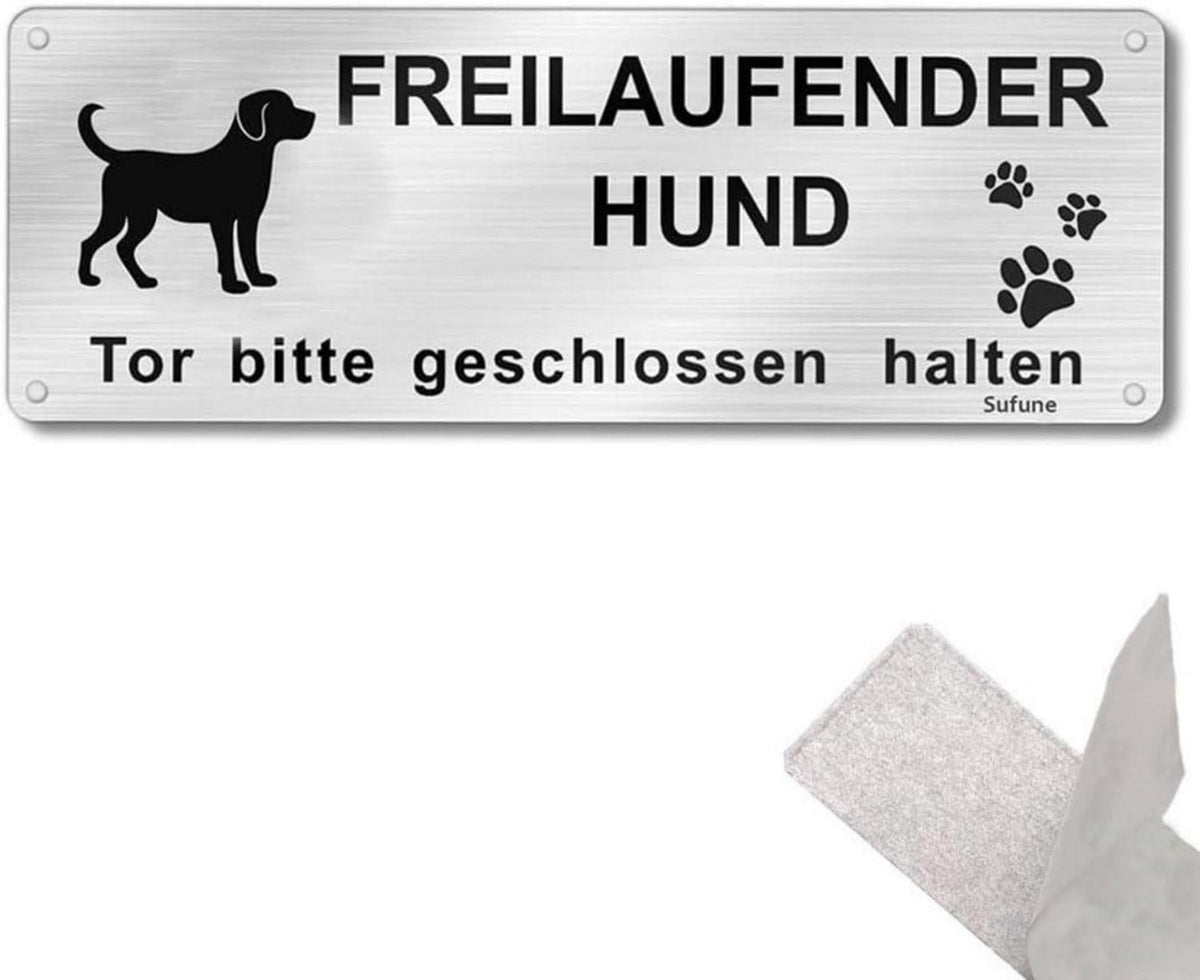 Hundewarnschild Aluminium selbstklebend 25x9cm Silber