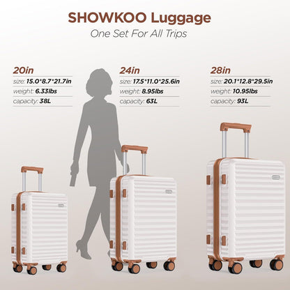 SHOWKOO Kofferset Hartschale 3tlg Erweiterbar PC Leicht Handgepäck 360° Spinner TSA (M L XL -Beige