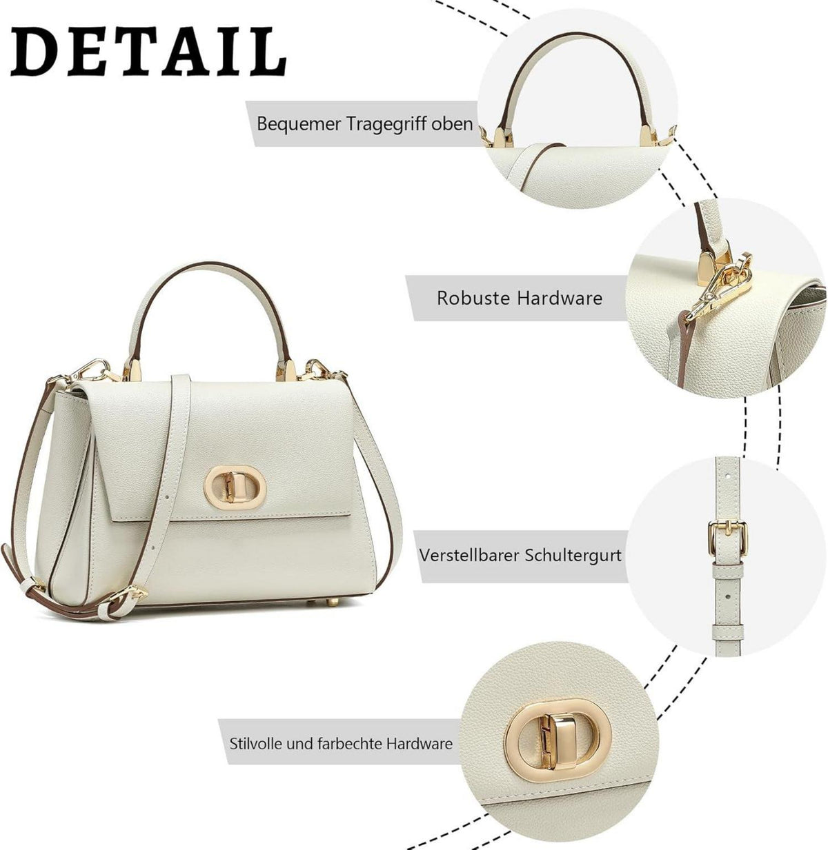 Leder Umhängetasche Damen Beige mit abnehmbarem Schultergurt