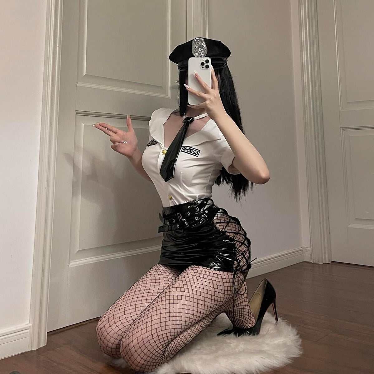 Damen Sexy Polizei Kostüm Set Cosplay 7-teilig Uniform Fasching Halloween Kleidung