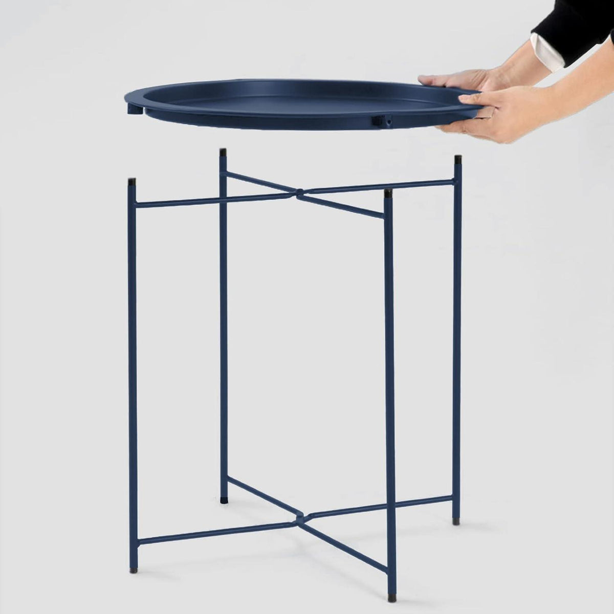 Runder Beistelltisch mit Metalltablett und Stauraum in Blau
