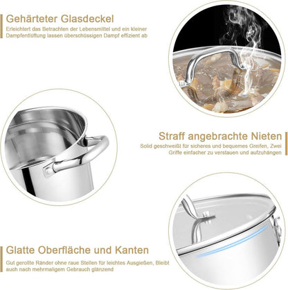Topf 20cm Edelstahl 3-Lagiger Boden mit Glasdeckel 3,7L für alle Herdarten