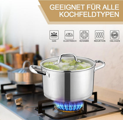 Kochtopf Edelstahl 20cm 3-Lagiger Boden Glasdeckel 3,7L für alle