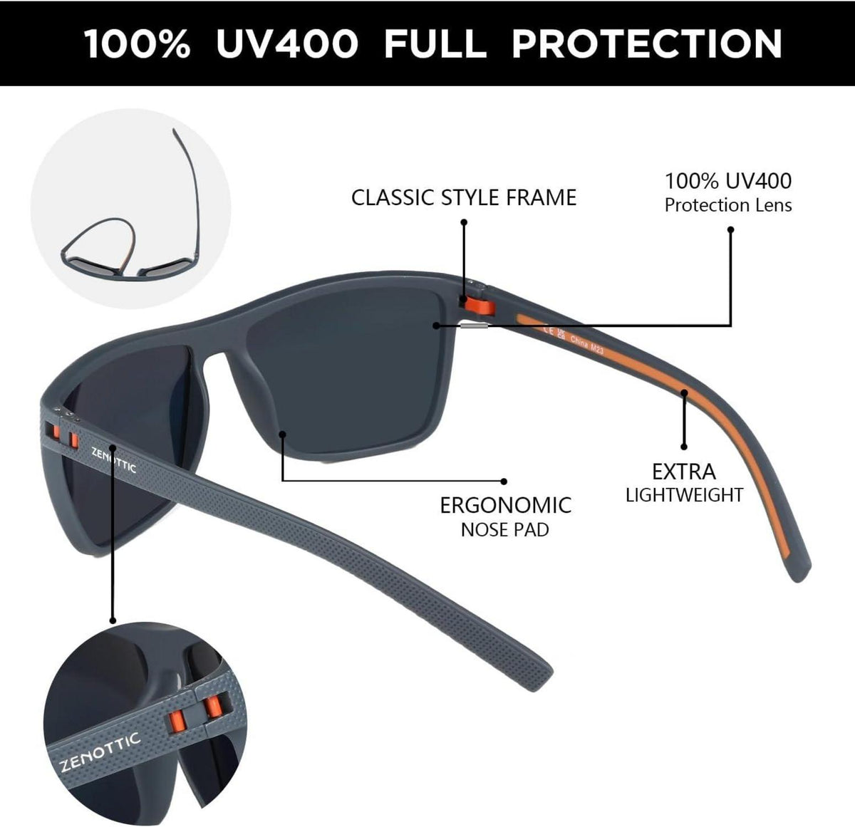 Polarisierte Herren Sonnenbrille TR90 Rahmen UV400 Schutz quadratisch Grau/Orange