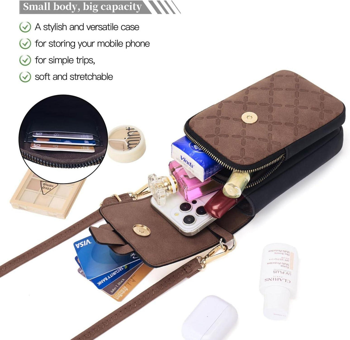 MUIIKOLA Damen Handytasche RFID Leder Umhängetasche Neu Schwarzbraun