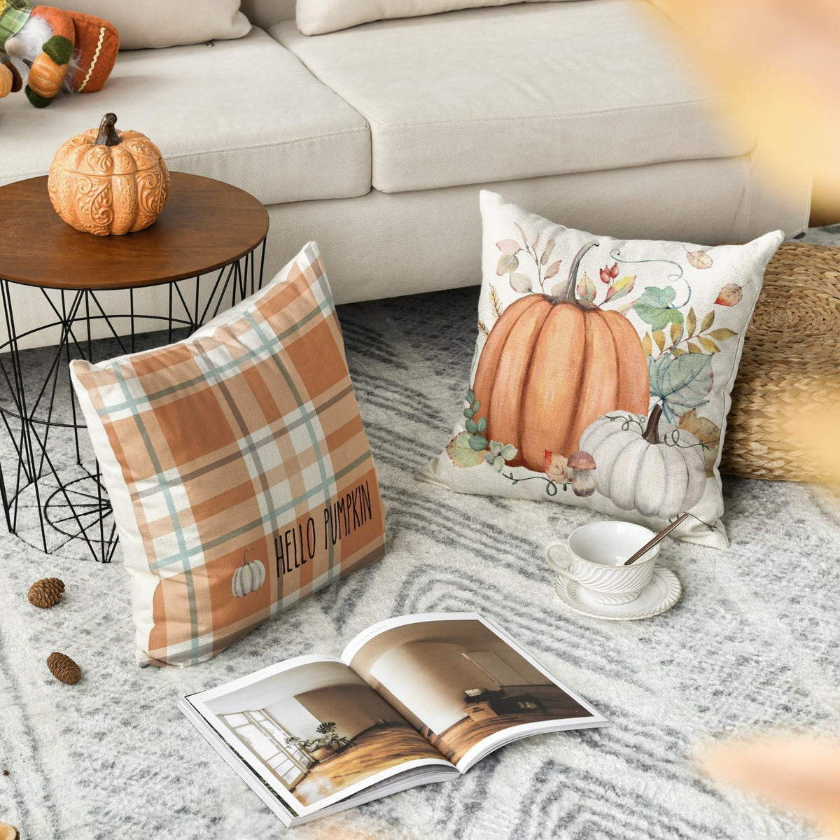 Orange Herbst Kürbis Eukalyptus Streifen Kissenbezug 4er Set 40x40 cm