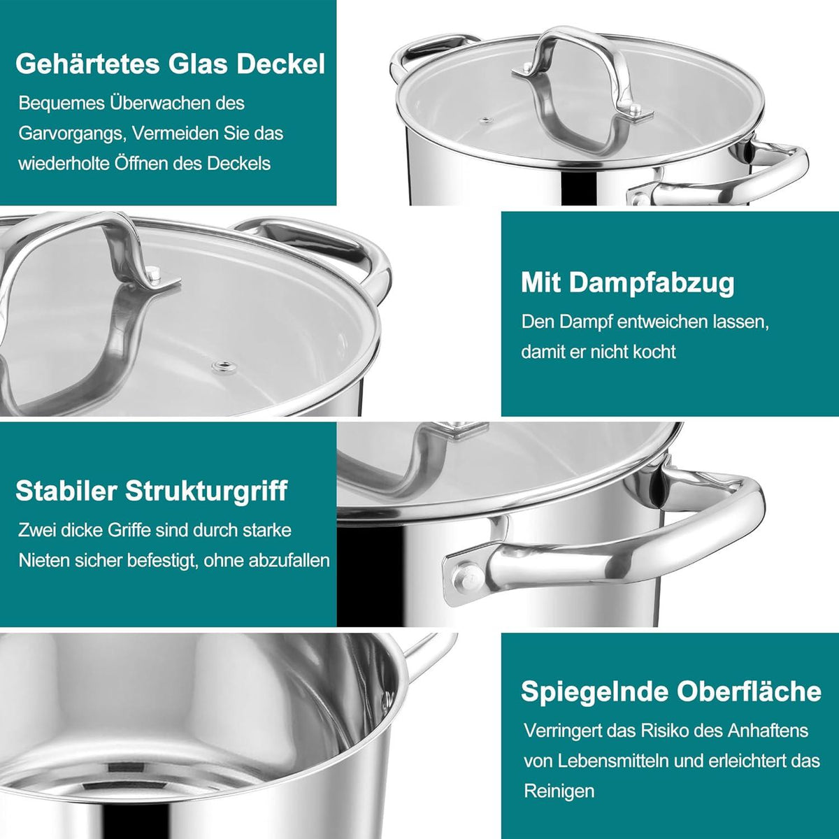 Homikit 20cm Kochtopf Edelstahl 3.8L Induktion Glasdeckel