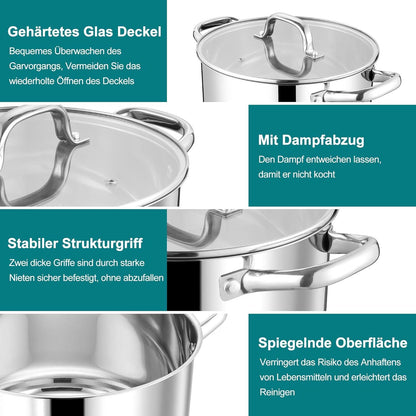 Homikit 20cm Kochtopf Edelstahl 3.8L Induktion Glasdeckel