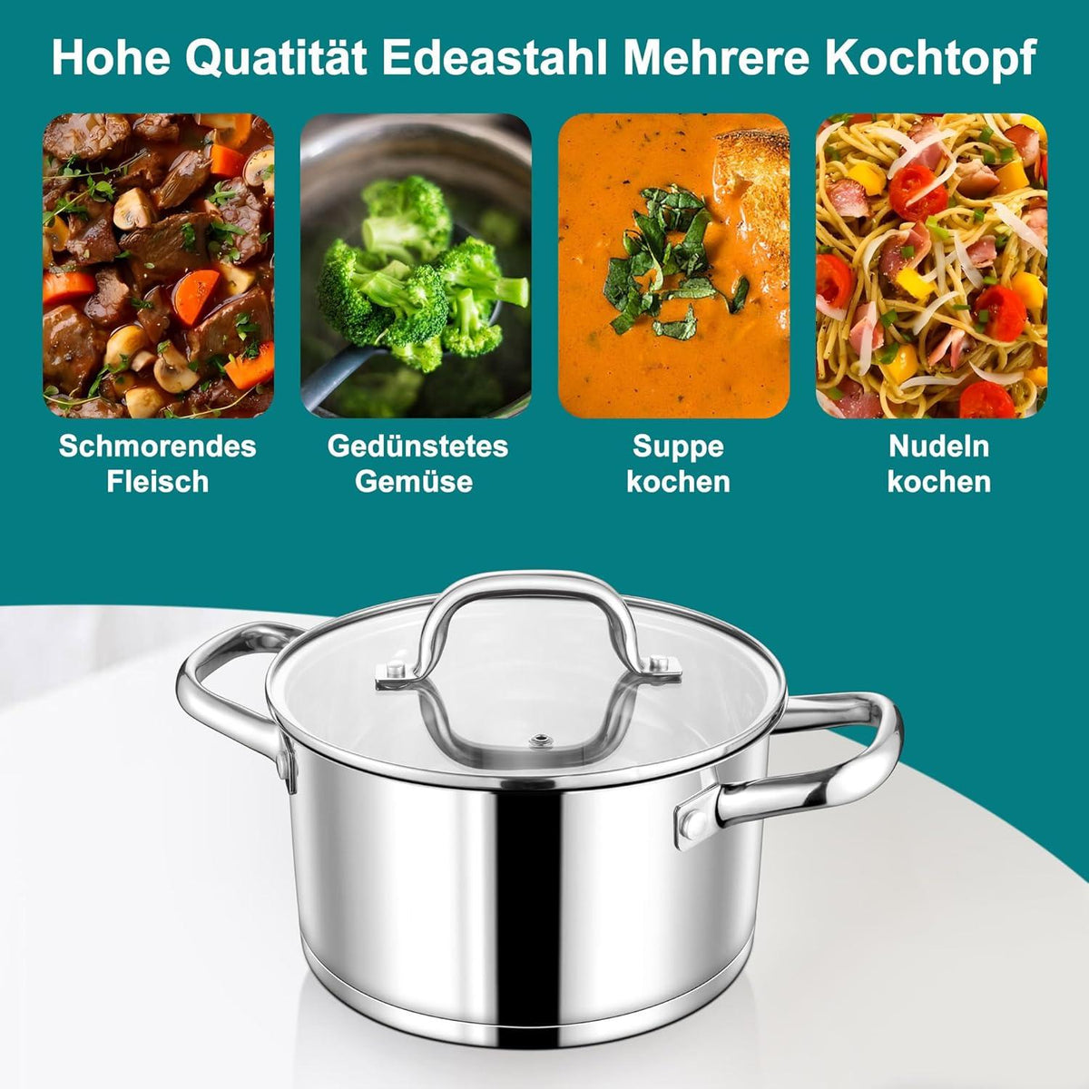 Homikit 20cm Kochtopf Edelstahl Induktion Glasdeckel 3,8L