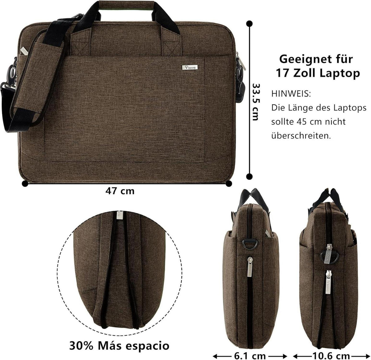 Voova Laptoptasche 17-17,4 Zoll Braun Wasserdicht, Erweiterbar, Auf Koffer-Befestigung